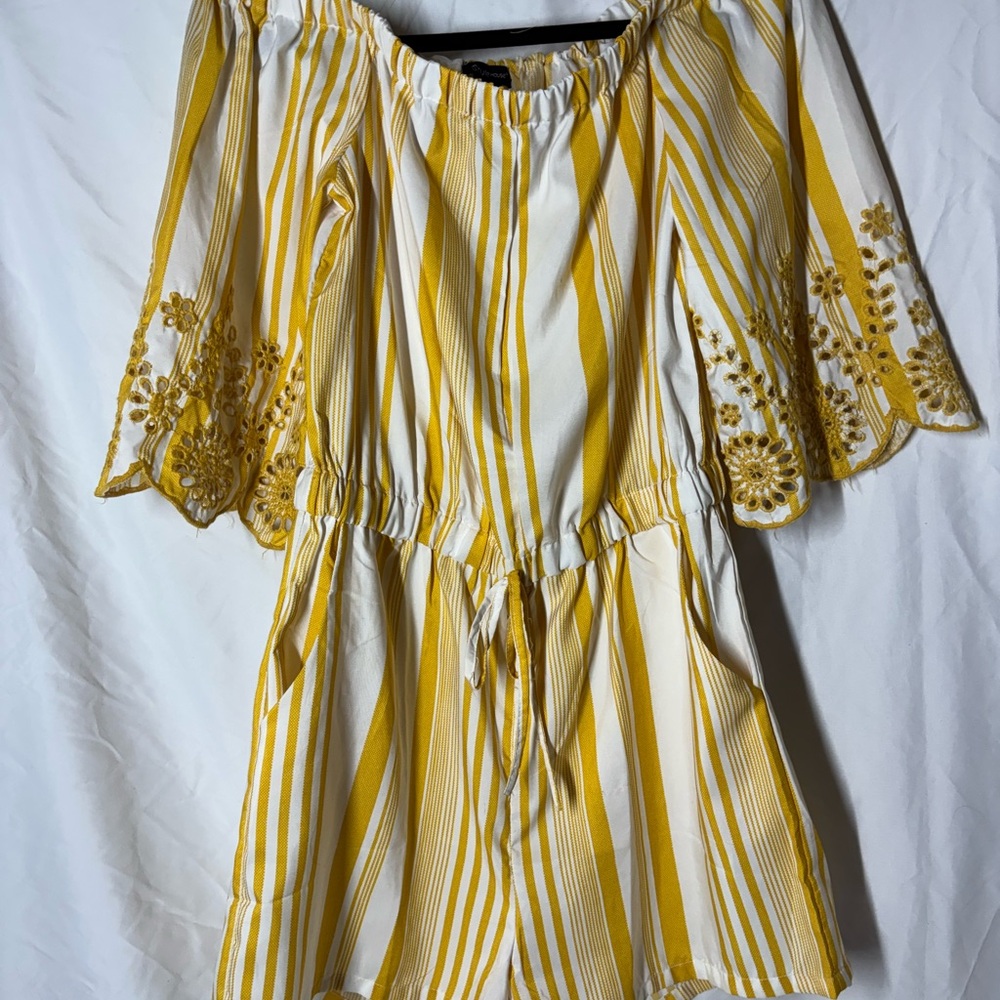 Yellow and White Striped Off-Shoulder Romper w/pockets